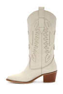 Women's Cream Thick Heeled Leather Cowboy Boots | Derimod Women's Cream Thick Heeled Leather Cowboy Boots | Derimod