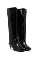 Woman Black Short Thin-Heeled Patent Leather Boot | Derimod Woman Black Short Thin-Heeled Patent Leather Boot | Derimod