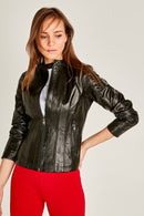 Joel Women's Black Stretch-Fit Leather Jacket | Derimod Joel Women's Black Stretch-Fit Leather Jacket | Derimod