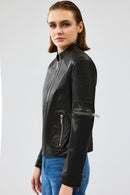 Firenze Women's Black Short Leather Jacket | Derimod Firenze Women's Black Short Leather Jacket | Derimod
