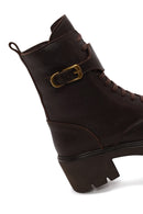 Woman Brown Zip Closure Thick-Heeled Leather Combat Boots | Derimod Woman Brown Zip Closure Thick-Heeled Leather Combat Boots | Derimod