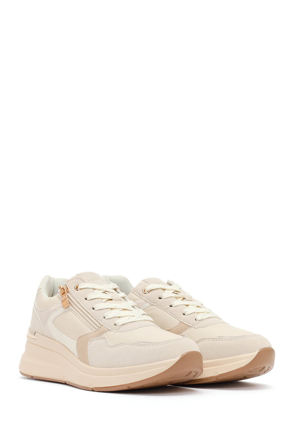 Kadın Bej Yandan Fermuarlı Bağcıklı Kalın Tabanlı Sneaker