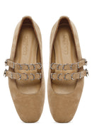 Women's Mink Double Buckled Suede Leather Ballerina | Derimod Women's Mink Double Buckled Suede Leather Ballerina | Derimod