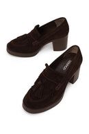 Woman Brown Chunky-Heeled Tasselled Suede Loafer | Derimod Woman Brown Chunky-Heeled Tasselled Suede Loafer | Derimod