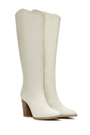 Women's Beige Leather Thick Heeled Boots | Derimod Women's Beige Leather Thick Heeled Boots | Derimod