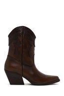 Woman Brown Short Chunky-Heeled Leather Cowboy Boots | Derimod Woman Brown Short Chunky-Heeled Leather Cowboy Boots | Derimod