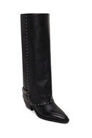 Woman Black Studded Chunky-Heeled Leather Cowboy Boots | Derimod Woman Black Studded Chunky-Heeled Leather Cowboy Boots | Derimod