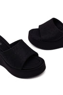 Woman Black Stone-Embellished Wedge-Heel Fabric Slipper | Derimod Woman Black Stone-Embellished Wedge-Heel Fabric Slipper | Derimod