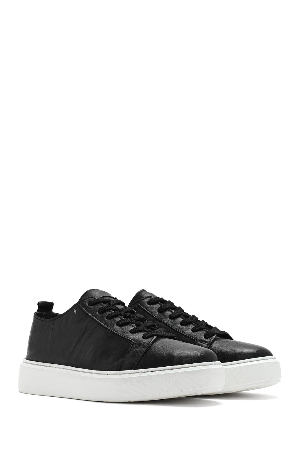 Erkek Siyah Bağcıklı Kalın Tabanlı Deri Sneaker