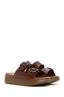 Women's Brown Thick Sole Buckle Leather Slippers | Derimod Women's Brown Thick Sole Buckle Leather Slippers | Derimod