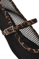 Women's Black Leopard Patterned Buckled Mesh Leather Ballerinas | Derimod Women's Black Leopard Patterned Buckled Mesh Leather Ballerinas | Derimod