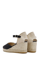 Kadın Siyah Bilekten Bantlı Dolgu Topuklu Deri Espadril | Derimod Kadın Siyah Bilekten Bantlı Dolgu Topuklu Deri Espadril | Derimod