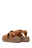Woman Tan Patterned Thick-Soled Leather Comfort Sandal | Derimod Woman Tan Patterned Thick-Soled Leather Comfort Sandal | Derimod