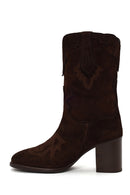Woman Brown Thick-Heeled Patterned Suede Cowboy Boots | Derimod Woman Brown Thick-Heeled Patterned Suede Cowboy Boots | Derimod