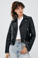 Newage Kadın Siyah Slim-Fit Biker Deri Ceket | Derimod Newage Kadın Siyah Slim-Fit Biker Deri Ceket | Derimod