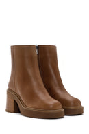 Women's Tan Zippered Thick Heeled Leather Boots | Derimod Women's Tan Zippered Thick Heeled Leather Boots | Derimod