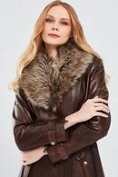 Rhoda Women's Brown Fur Leather Trench Coat | Derimod Rhoda Women's Brown Fur Leather Trench Coat | Derimod