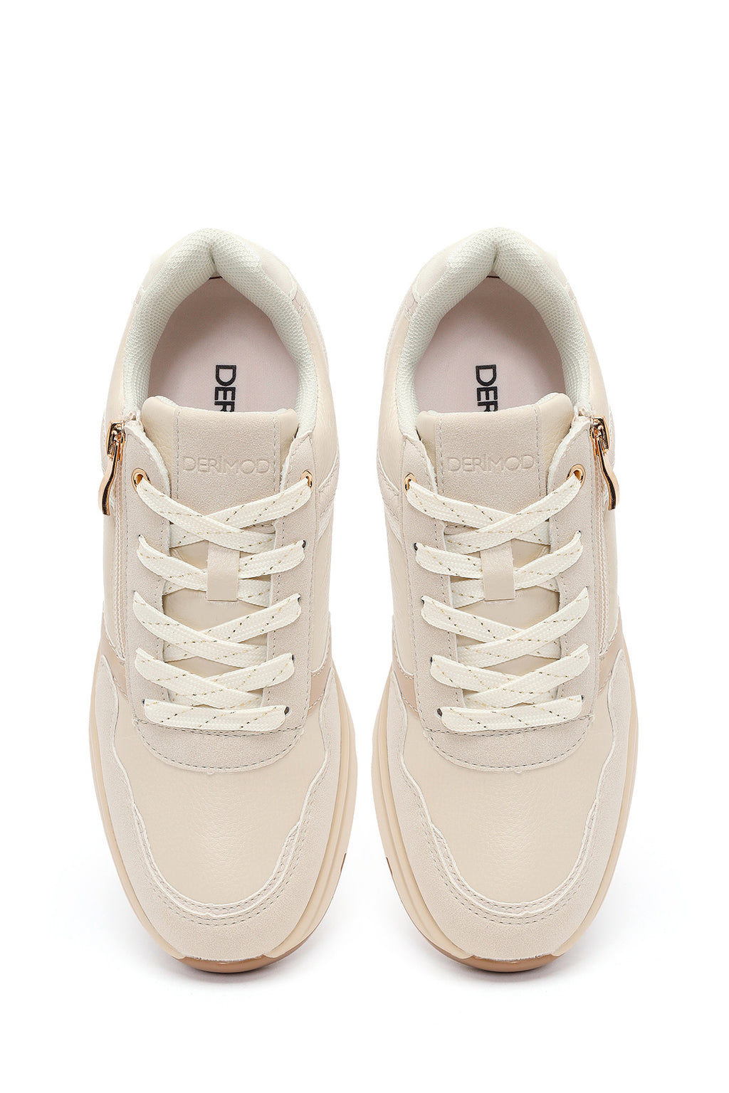 Kadın Bej Yandan Fermuarlı Bağcıklı Kalın Tabanlı Sneaker