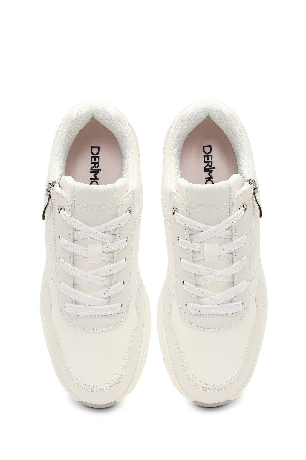 Kadın Beyaz Yandan Fermuarlı Bağcıklı Kalın Tabanlı Sneaker