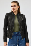 Firenze Women's Black Short Leather Jacket | Derimod Firenze Women's Black Short Leather Jacket | Derimod