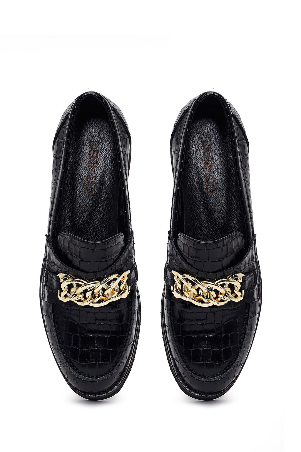 Kadın Siyah Kroko Desenli Zincir Detaylı Deri Maskülen Loafer