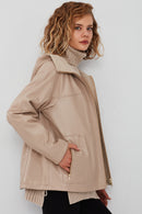 Roma Kadın Bej Kapüşonlu Çift Taraflı Oversize Deri Ceket | Derimod Roma Kadın Bej Kapüşonlu Çift Taraflı Oversize Deri Ceket | Derimod