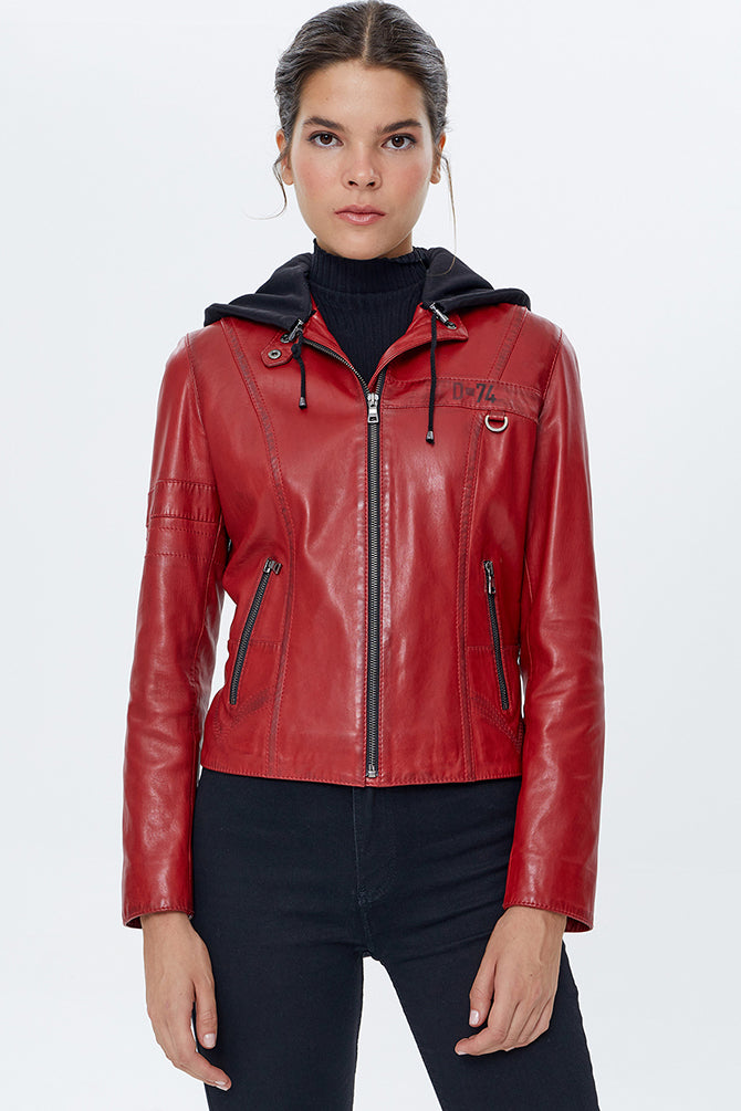 Carrera Kadın Kırmızı Kapüşonlu Deri Ceket
