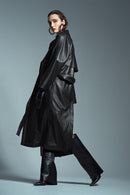 Nicole Women's Black Double Breasted Long Leather Trench Coat | Derimod Nicole Women's Black Double Breasted Long Leather Trench Coat | Derimod