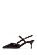 Woman Brown Open-Back Thin-Heeled Croc-Embossed Leather Shoes | Derimod Woman Brown Open-Back Thin-Heeled Croc-Embossed Leather Shoes | Derimod