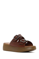 Women's Brown Thick Sole Buckle Leather Slippers | Derimod Women's Brown Thick Sole Buckle Leather Slippers | Derimod
