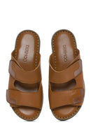 Women's Tan Double-Strap Leather Comfort Slippers | Derimod Women's Tan Double-Strap Leather Comfort Slippers | Derimod