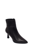 Woman Black Zip Closure Braided Thin-Heeled Leather Boots | Derimod Woman Black Zip Closure Braided Thin-Heeled Leather Boots | Derimod