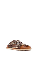 Women's Brown Double Buckled Straw Leather Slippers | Derimod Women's Brown Double Buckled Straw Leather Slippers | Derimod