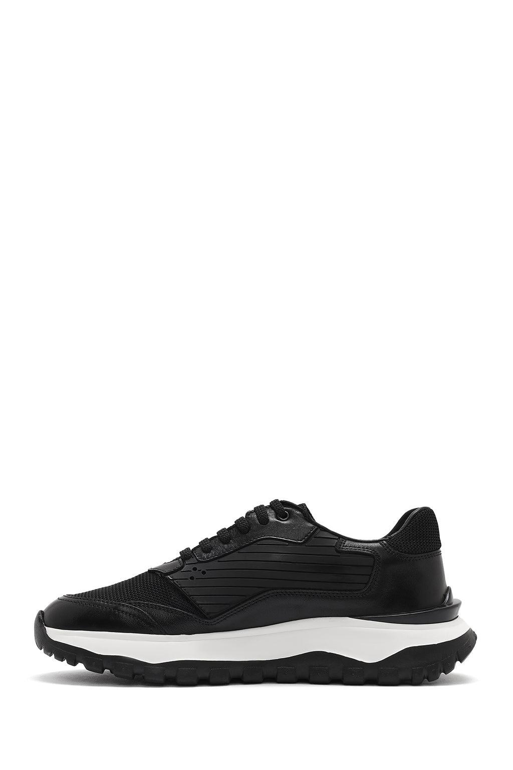 Erkek Siyah Bağcıklı Kalın Tabanlı Deri Sneaker