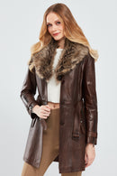 Rhoda Women's Brown Fur Leather Trench Coat | Derimod Rhoda Women's Brown Fur Leather Trench Coat | Derimod