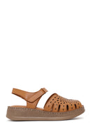 Woman Tan Patterned Thick-Soled Leather Comfort Sandal | Derimod Woman Tan Patterned Thick-Soled Leather Comfort Sandal | Derimod