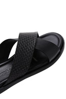Men's Black Knitted Patterned Leather Slippers | Derimod Men's Black Knitted Patterned Leather Slippers | Derimod