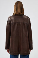 Dalida Women's Brown Oversize Leather Jacket | Derimod Dalida Women's Brown Oversize Leather Jacket | Derimod