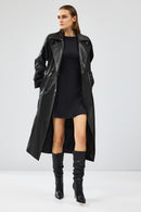 Nicole Women's Black Double Breasted Long Leather Trench Coat | Derimod Nicole Women's Black Double Breasted Long Leather Trench Coat | Derimod