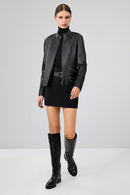 Nora Women's Black Stand Collar Short Leather Jacket | Derimod Nora Women's Black Stand Collar Short Leather Jacket | Derimod
