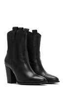 Women's Black Leather Cowboy Heeled Boots | Derimod Women's Black Leather Cowboy Heeled Boots | Derimod