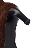 Woman Brown Thin Heeled Printed Suede Boots | Derimod Woman Brown Thin Heeled Printed Suede Boots | Derimod