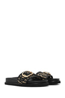 Women's Black Buckled Straw Leather Slippers | Derimod Women's Black Buckled Straw Leather Slippers | Derimod