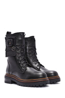 Women's Black Zippered Lace-Up Leather Combat Boots | Derimod Women's Black Zippered Lace-Up Leather Combat Boots | Derimod