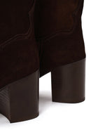 Woman Brown Thick-Heeled Patterned Suede Cowboy Boots | Derimod Woman Brown Thick-Heeled Patterned Suede Cowboy Boots | Derimod