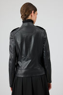 Nora Women's Black Stand Collar Short Leather Jacket | Derimod Nora Women's Black Stand Collar Short Leather Jacket | Derimod