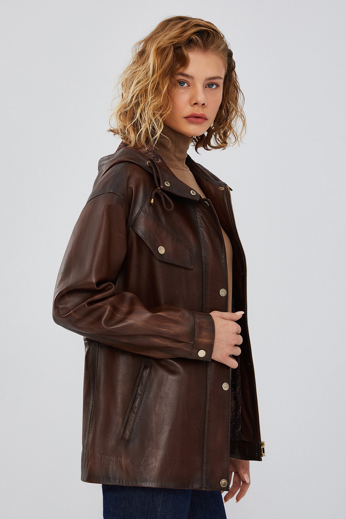 Greta Kadın Kahverengi Kapüşonlu Deri Ceket