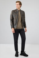 Morant Men's Brown Vintage Slim-Fit Leather Jacket | Derimod Morant Men's Brown Vintage Slim-Fit Leather Jacket | Derimod