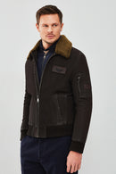 Falcon Men's Brown Embroidered Collar Fur Leather Pilot Jacket | Derimod Falcon Men's Brown Embroidered Collar Fur Leather Pilot Jacket | Derimod