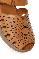 Woman Tan Patterned Thick-Soled Leather Comfort Sandal | Derimod Woman Tan Patterned Thick-Soled Leather Comfort Sandal | Derimod